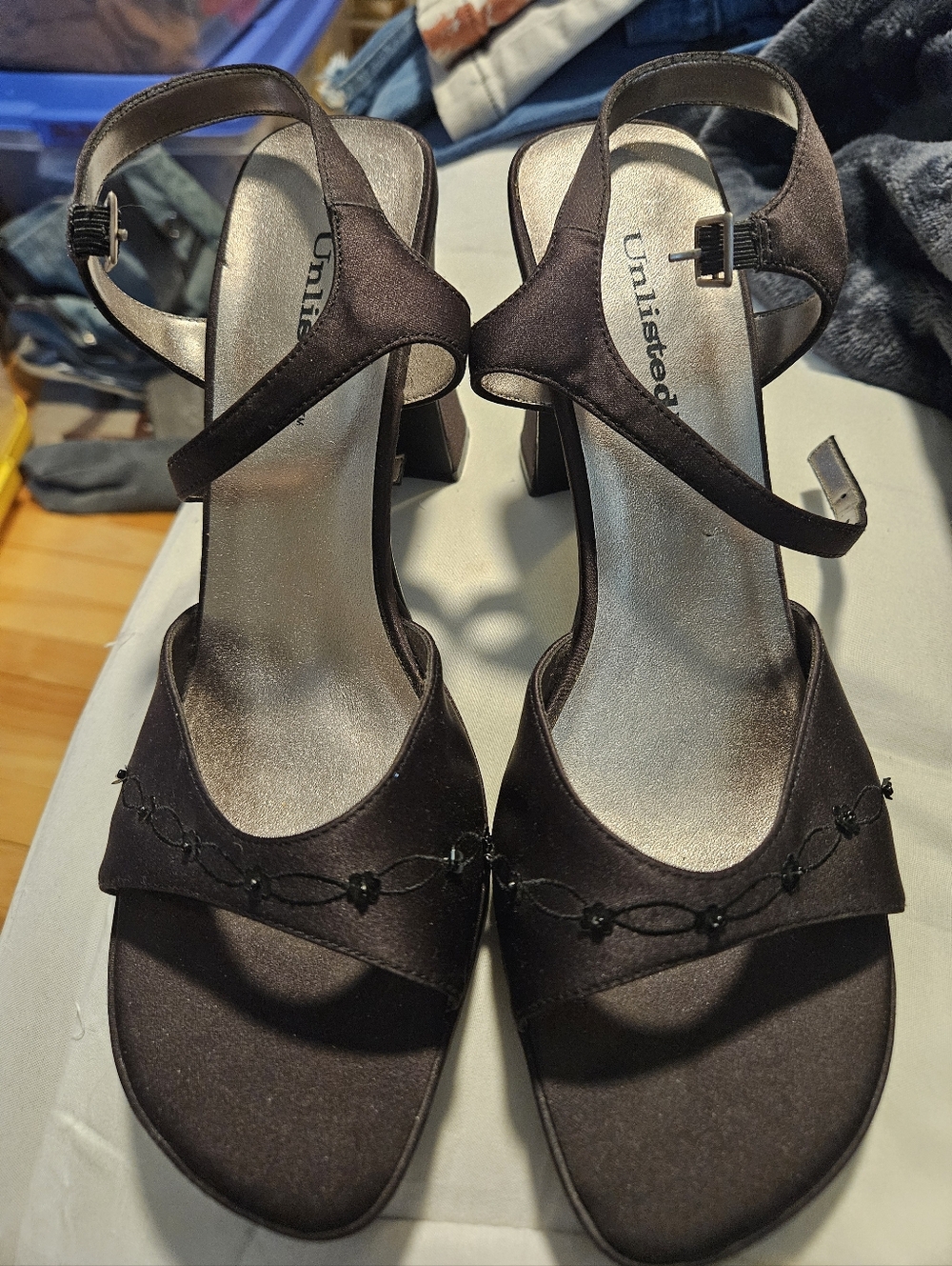 Unlisted Brown Satin Strappy Block Heels with Floral Stitching
